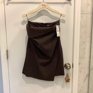 NWT Zara Brown STRAPLESS Blue PINSTRIPE Mini DRESS Size Medium.